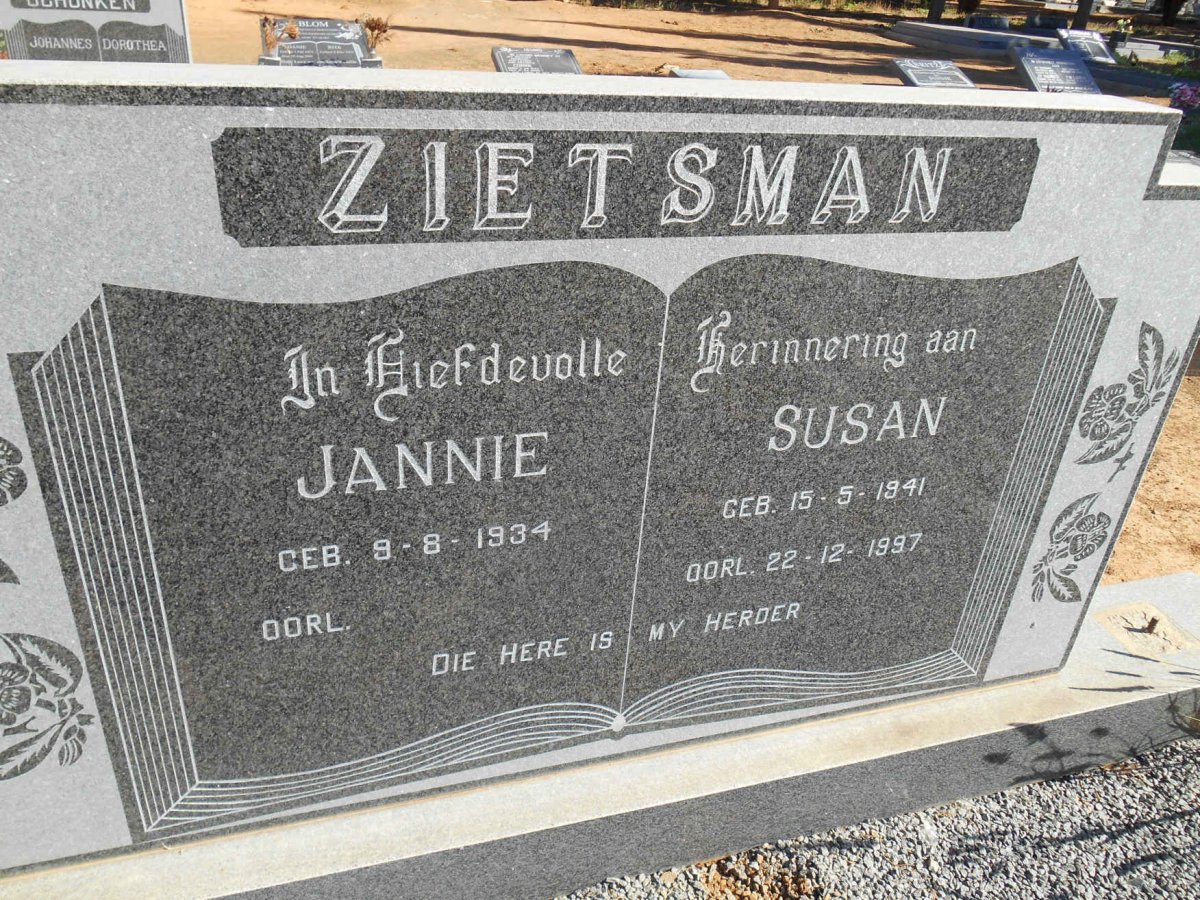ZIETSMAN Jannie 1934- &amp; Susan 1941-1997