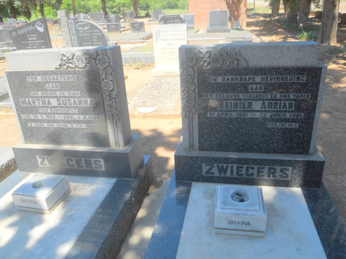 ZWIEGERS Reinier Adrian 1891-1961 &amp; Martha Susanna BADENHORST 1899-1964