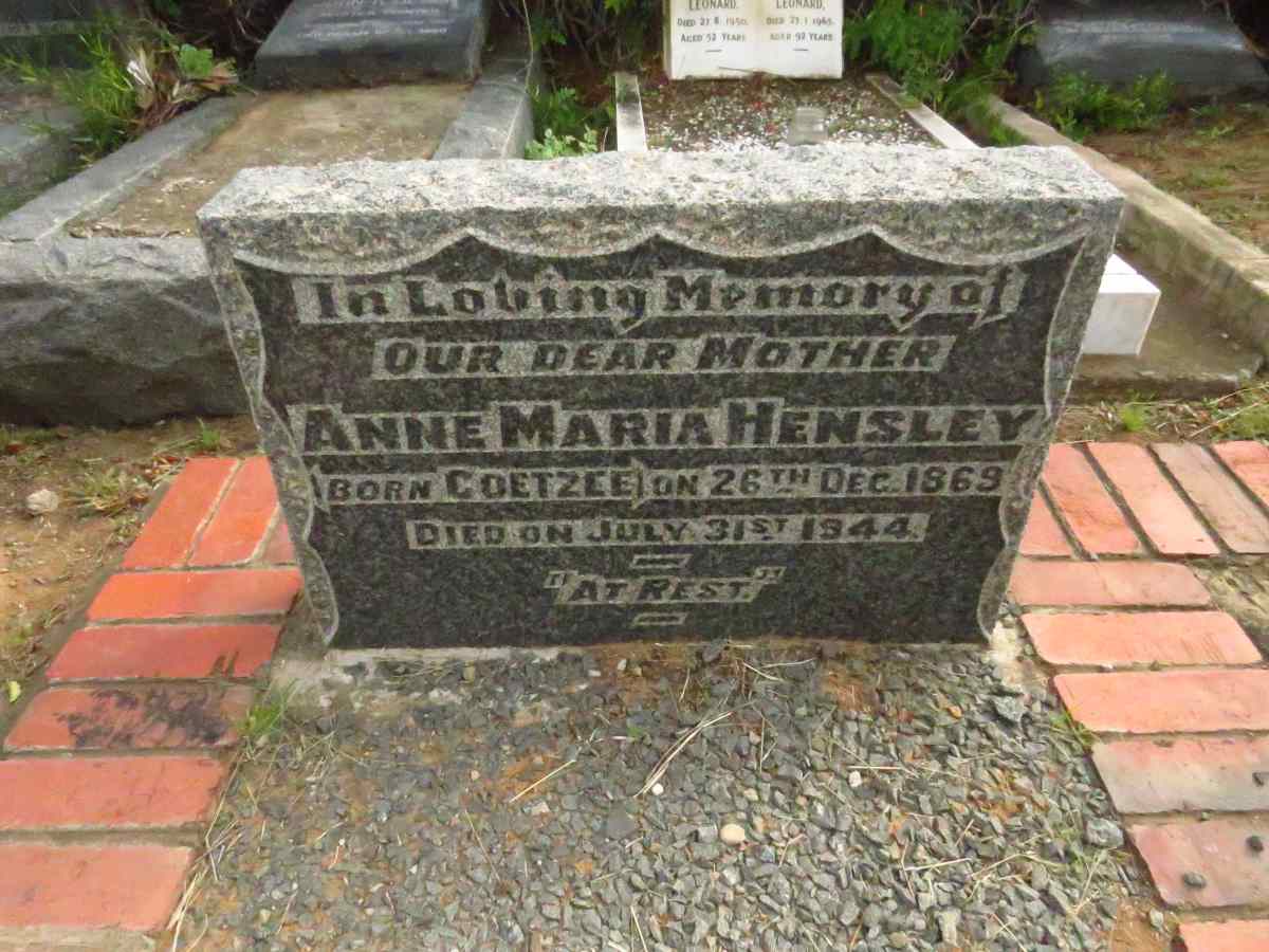 HENSLEY Anne Maria nee COETZEE 1869-1944