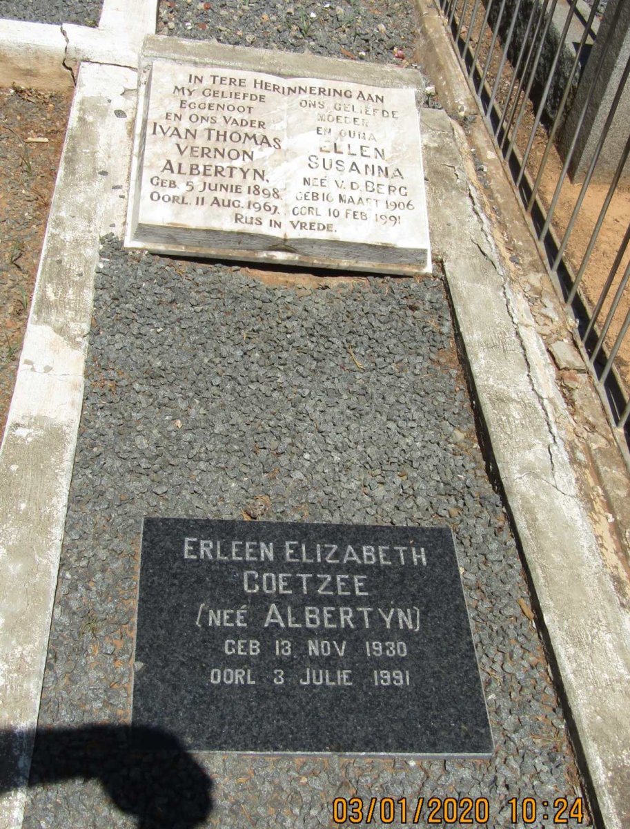 ALBERTYN Ivan Thomas Vernon 1898-1967 &amp; Ellen Susanna v.d. BERG 1906-1991 :: COETZEE Erleen Elizabeth nee ALBERTYN 1930-1991