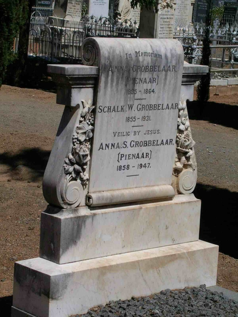GROBBELAAR Anna nee PIENAAR 1835-1864 :: GROBBELAAR Schalk W. 1855-1931 :: GROBBELAAR Anna S. nee PIENAAR 1858-1947