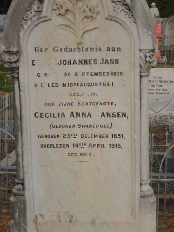 JANSEN Ernst Johannes 1828-1910 &amp; Cecilia Anna SWANEPOEL 1831-1915
