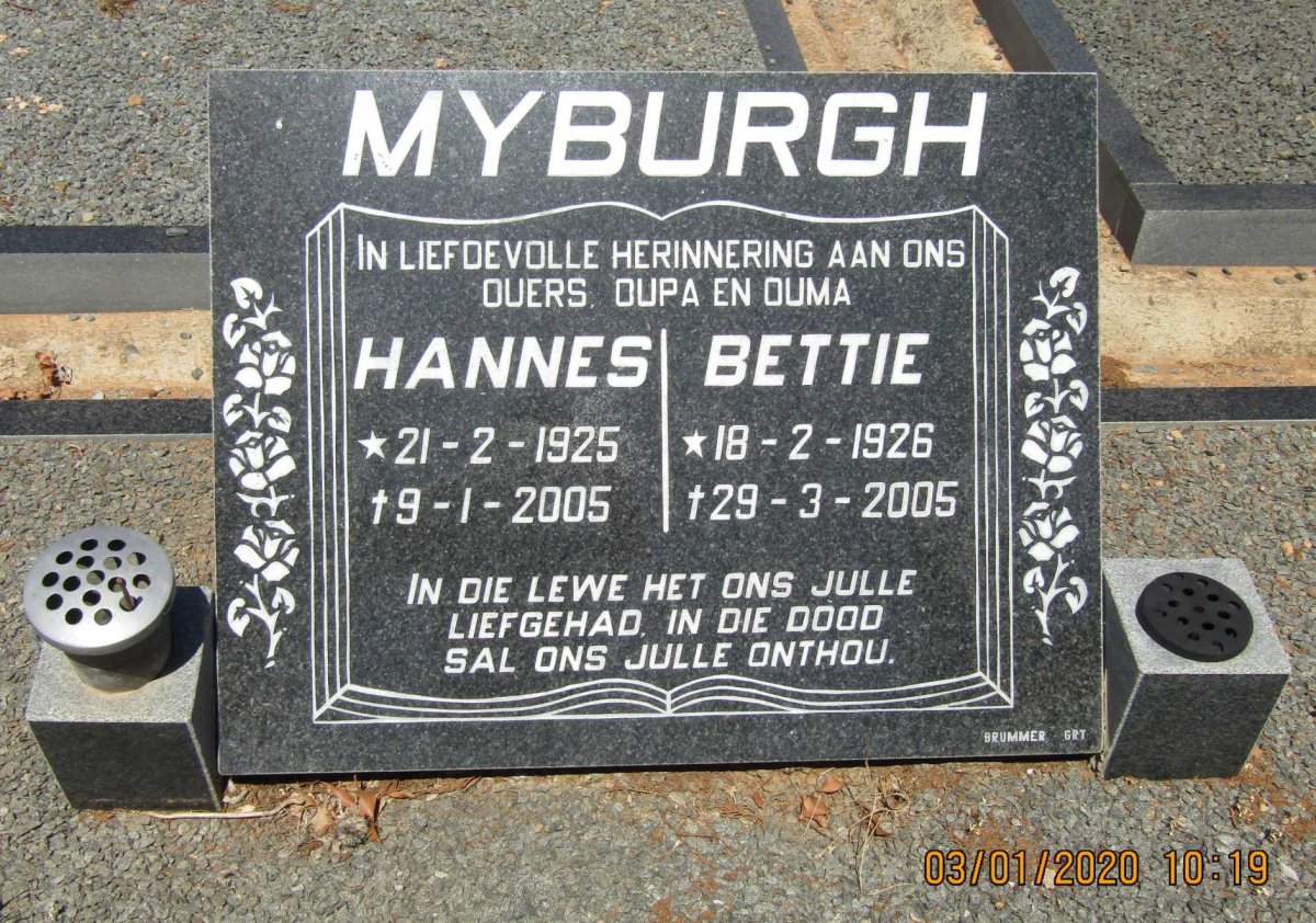 MYBURGH Hannes 1925-2005 &amp; Bettie 1926-2005
