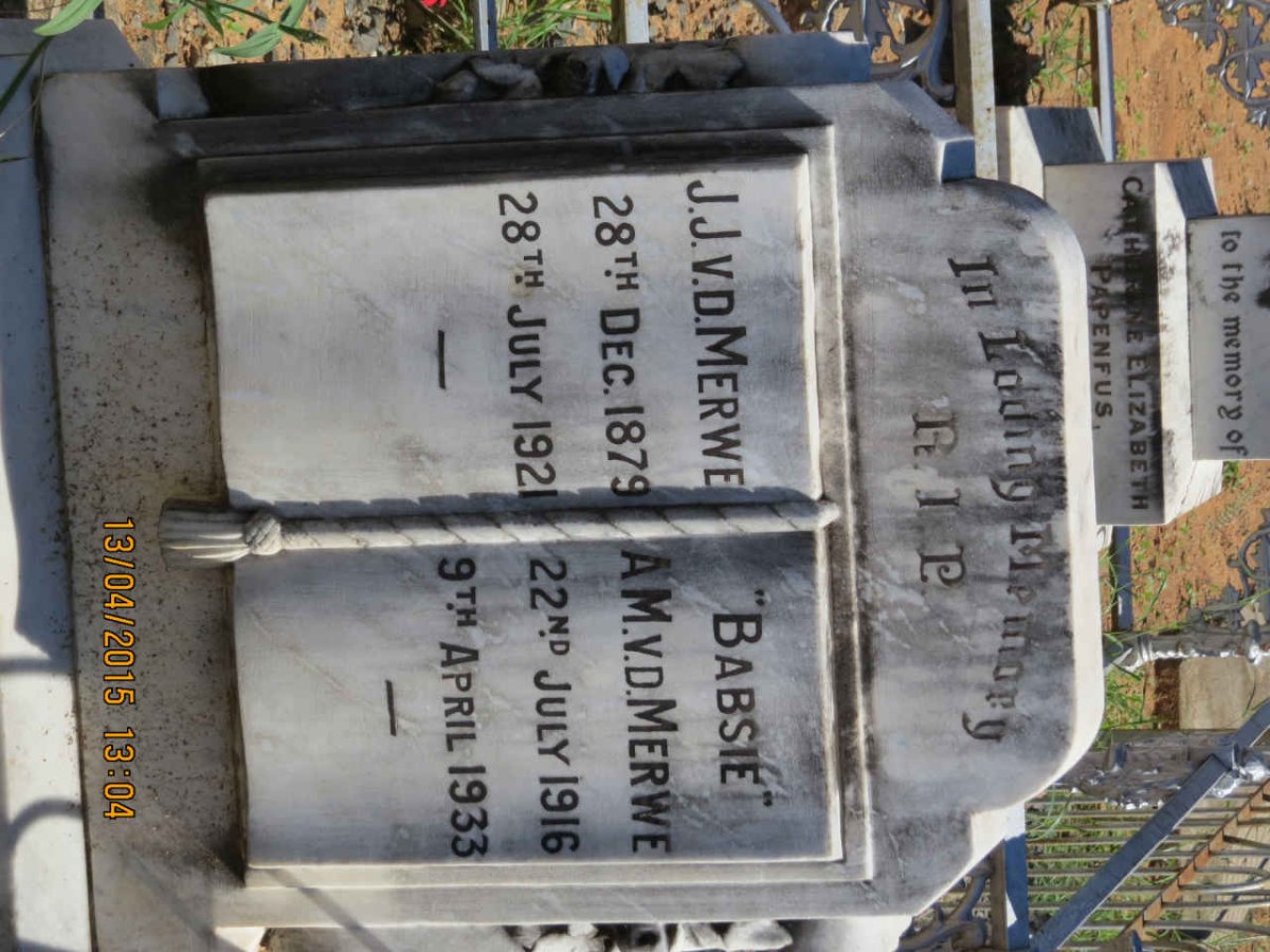 MERWE J.J., v.d. 1879-1921 :: V.D. MERWE A.M. 1916-1933