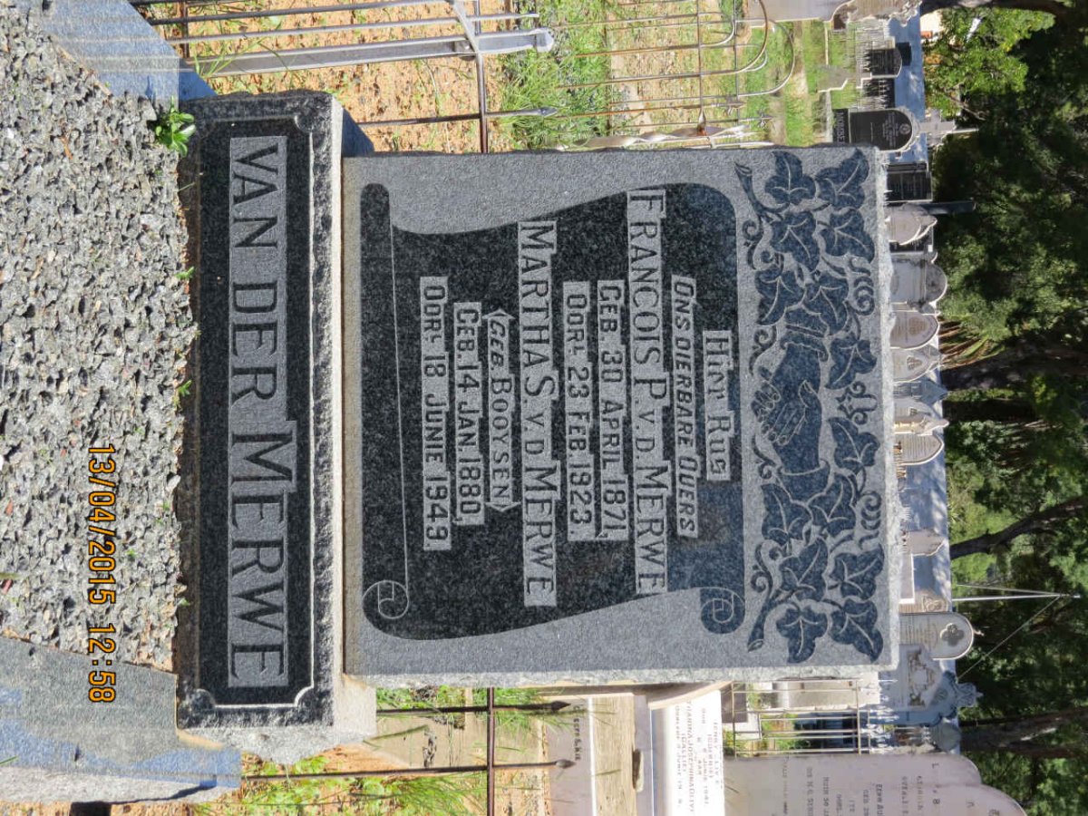MERWE Francois P., van der 1871-1923 &amp; Martha S. BOOYSEN 1880-1949