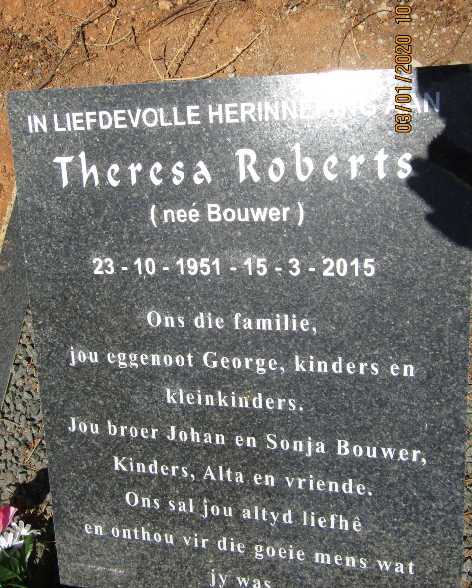 ROBERTS Theresa nee BOUWER 1951-2015