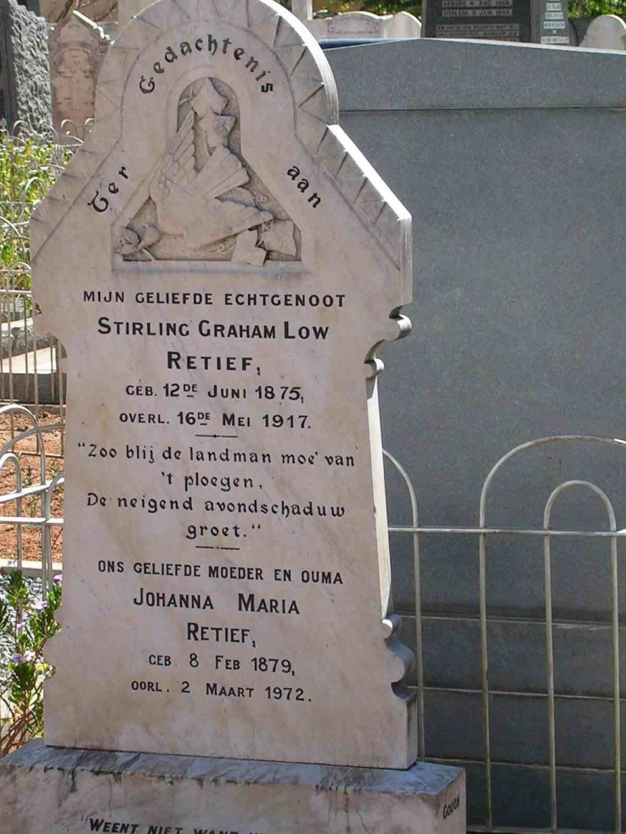 RETIEF Stirling Graham Low 1875-1917 &amp; Johanna Maria Retief 1879-1972