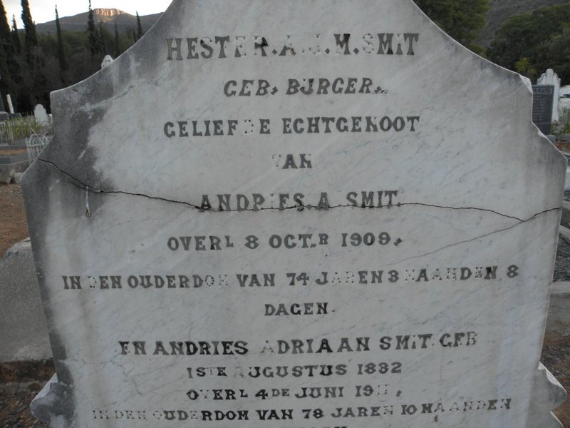 SMIT Andries Adriaan 1832-1911 &amp; Hester A.J.M. BURGER -1909