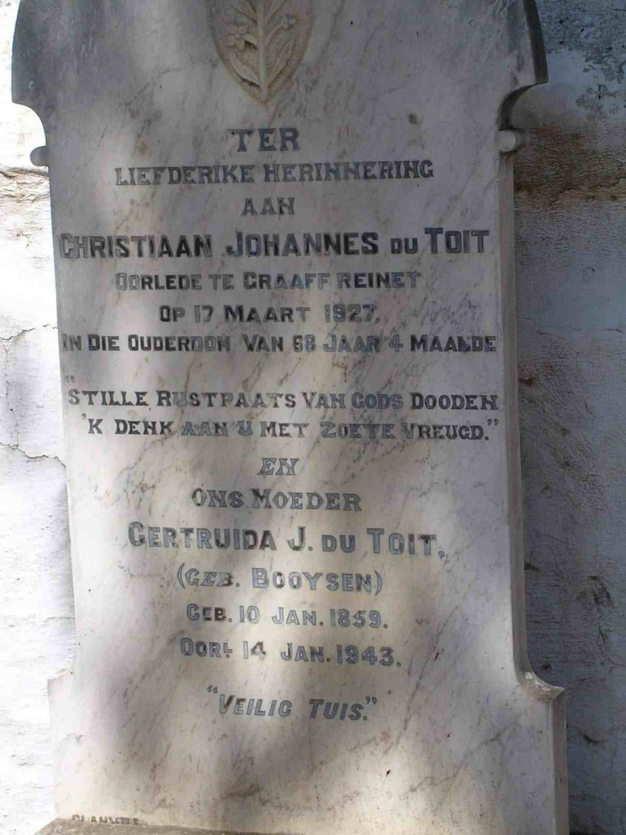 TOIT Christiaan Johannes, du -1927 &amp; Gertruida J. BOOYSEN 1859-1943