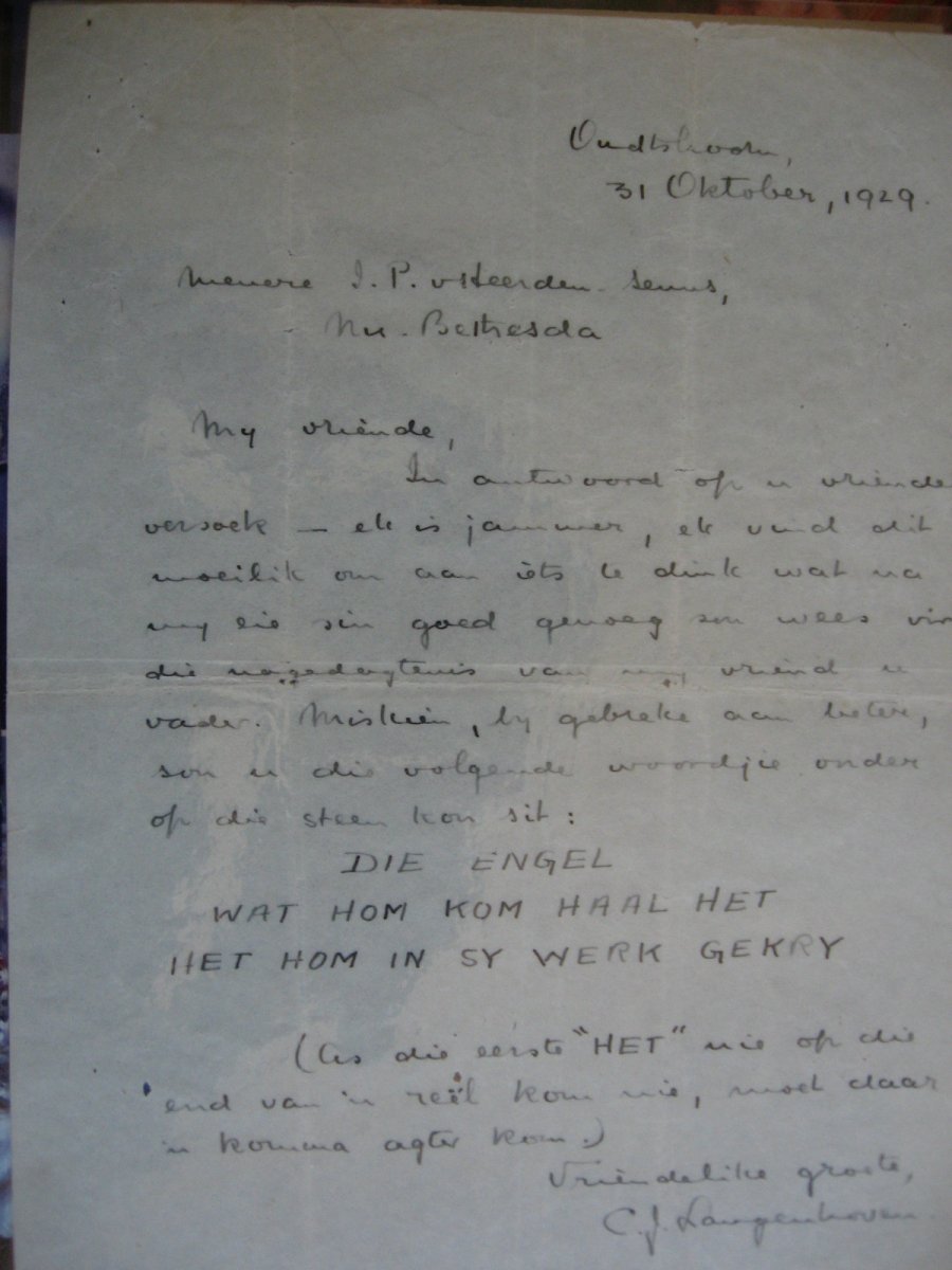 2. Brief van C.J. Langenhoven oor inskripsie op grafsteen