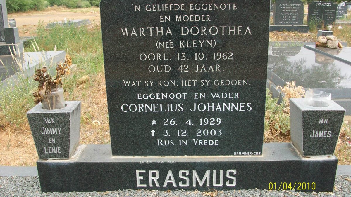 ERASMUS Cornelius Johannes 1929-2003 &amp; Martha Dorothea KLEYN -1962