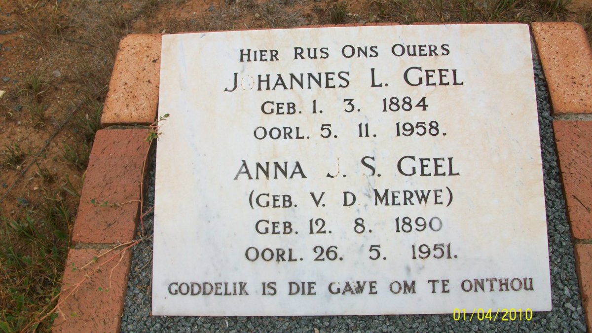 GEEL Johannes L. 1884-1958 &amp; Anna J.S. V.D.MERWE 1890-1951