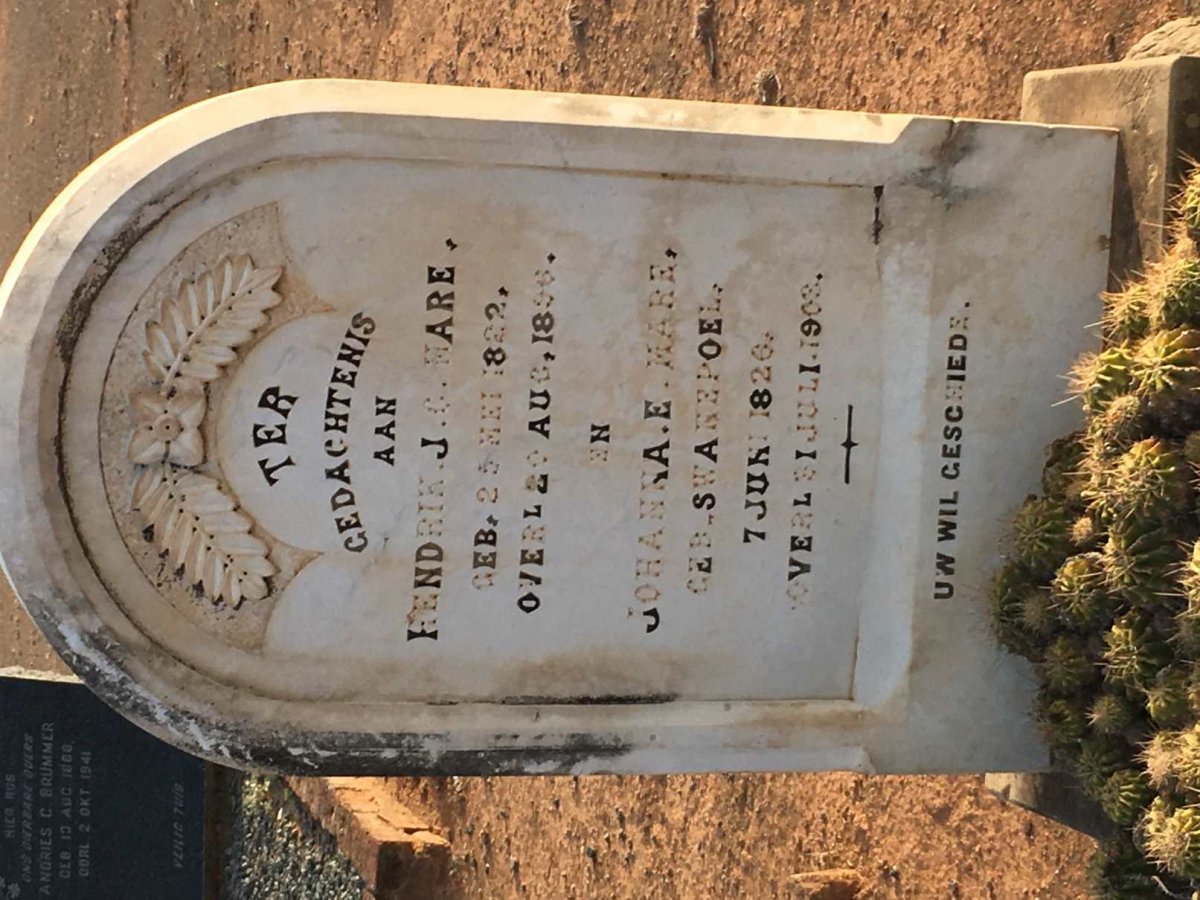 MARE Hendrik J.G. 1822-1896 &amp; Johanna E. SWANEPOEL 1826-1903