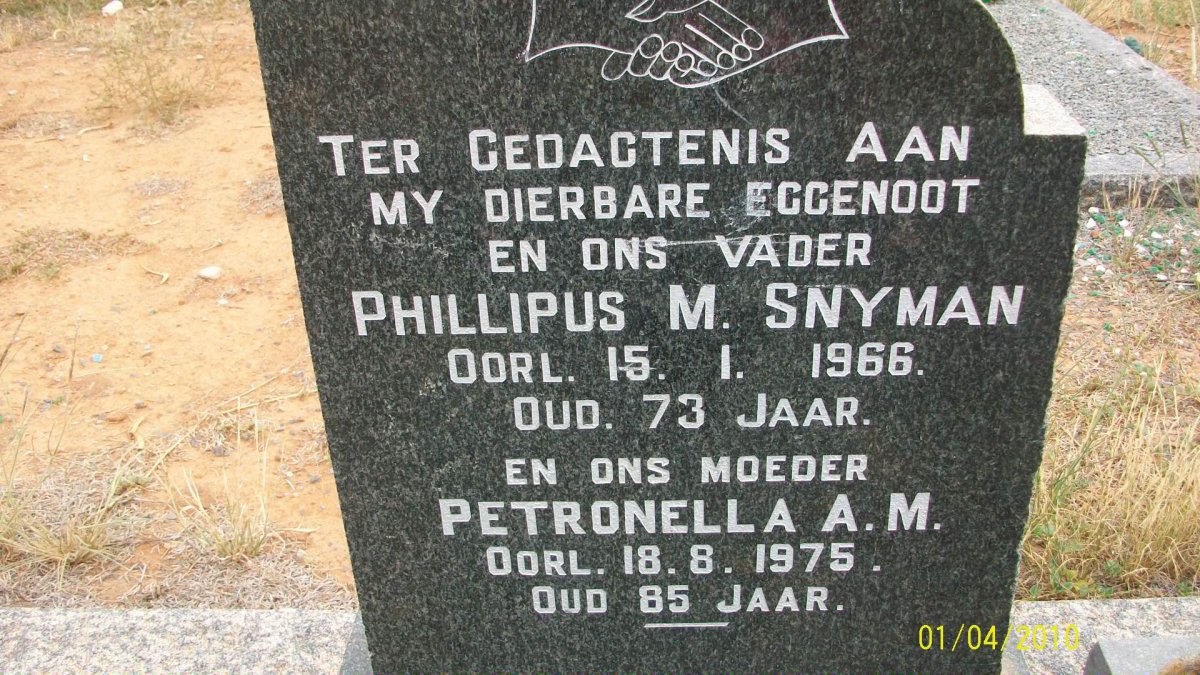 SNYMAN Phillipus M. -1966 &amp; Petronella A.M. -1975