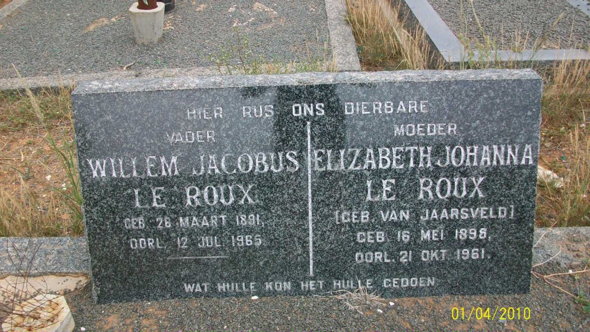 ROUX Willem Jacobus, le 1891-1964 &amp; Elizabeth Johanna VAN JAARSVELD 1898-1961