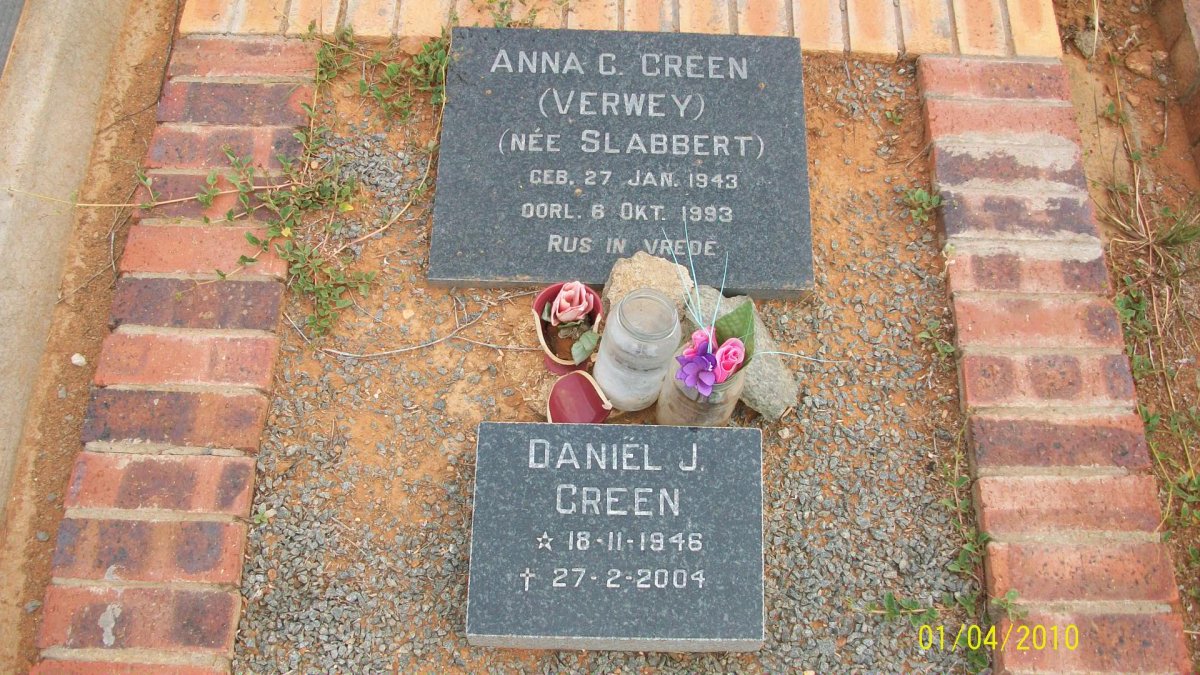 GREEN Daniël J. 1946-2004 &amp; Anna C. voorheen VERWEY nee SLABBERT 1943-1993