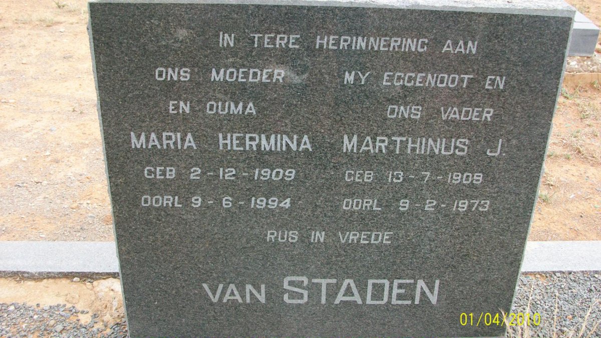 STADEN Marthinus J., van 1909-1973 &amp; Maria Hermina 1909-1994