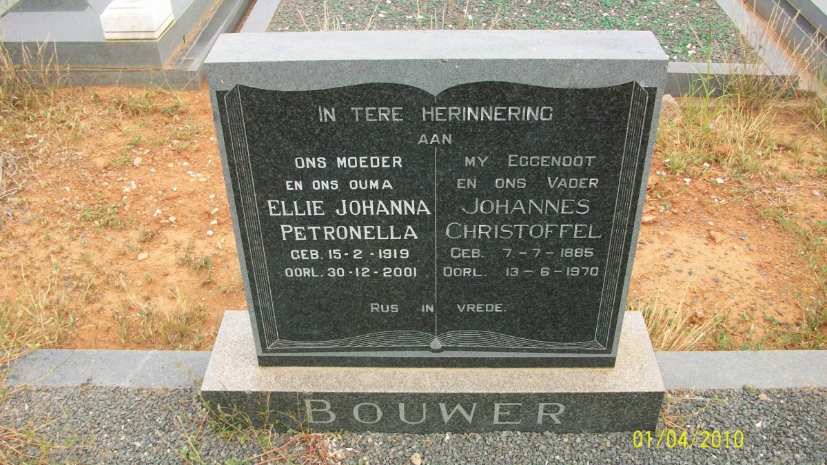 BOUWER Johannes Christoffel 1885-1970 &amp; Ellie Johanna Petronella 1919-2001