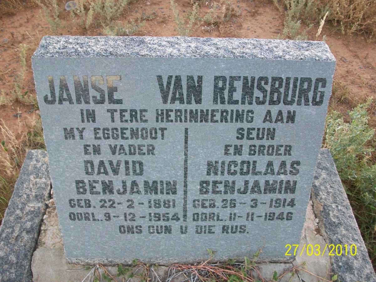 RENSBURG David Benjamin, Janse van 1881-1954 :: JANSE VAN RENSBURG Nicolaas Benjamin 1914-1946