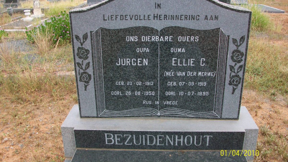 BEZUIDENHOUT Jurgen 1913-1950 &amp; Ellie C. VAN DER MERWE 1919-1995