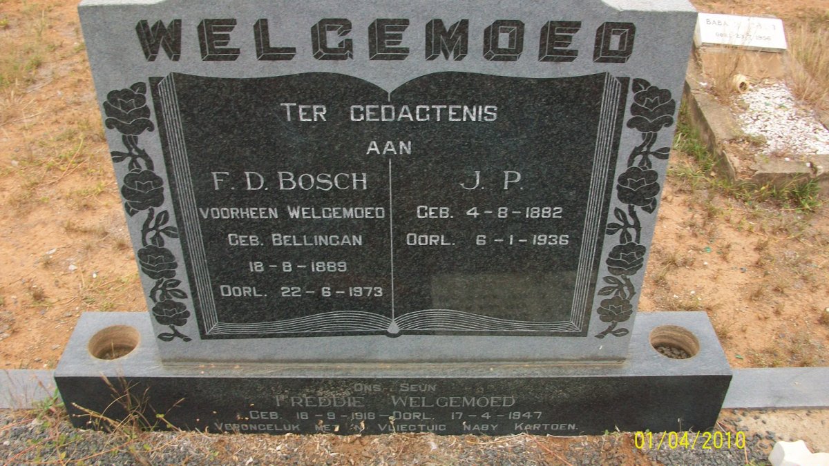 WELGEMOED J.P. 1882-1936 &amp; F.D. BOSCH voorheen WELGEMOED nee BELLINGAN 1889-1973