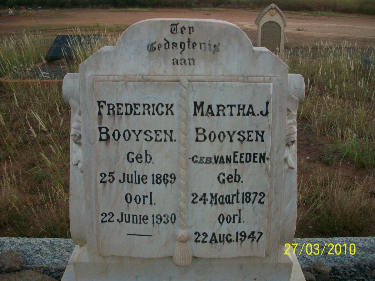 BOOYSEN Frederick 1869-1930 &amp; Martha J. VAN EEDEN 1872-1947