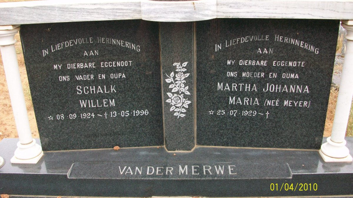 MERWE Schalk Willem, van der 1924-1996 &amp; Martha Johanna Maria MEYER 1929-