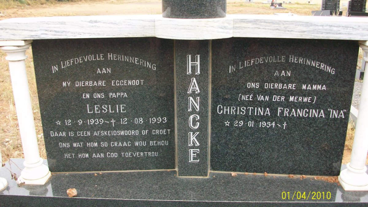 HANCKE Leslie 1939-1993 &amp; Christina Francina VAN DER MERWE 1954-