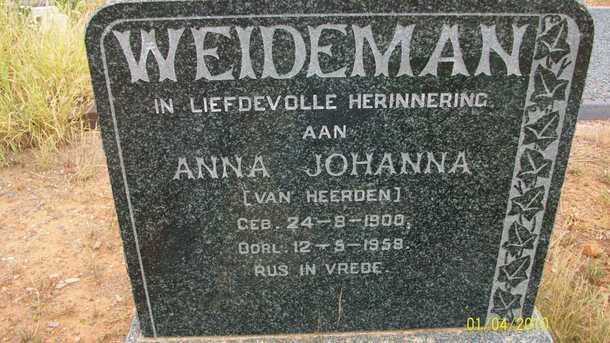 WEIDEMAN Anna Johanna nee VAN HEERDEN 1900-1958
