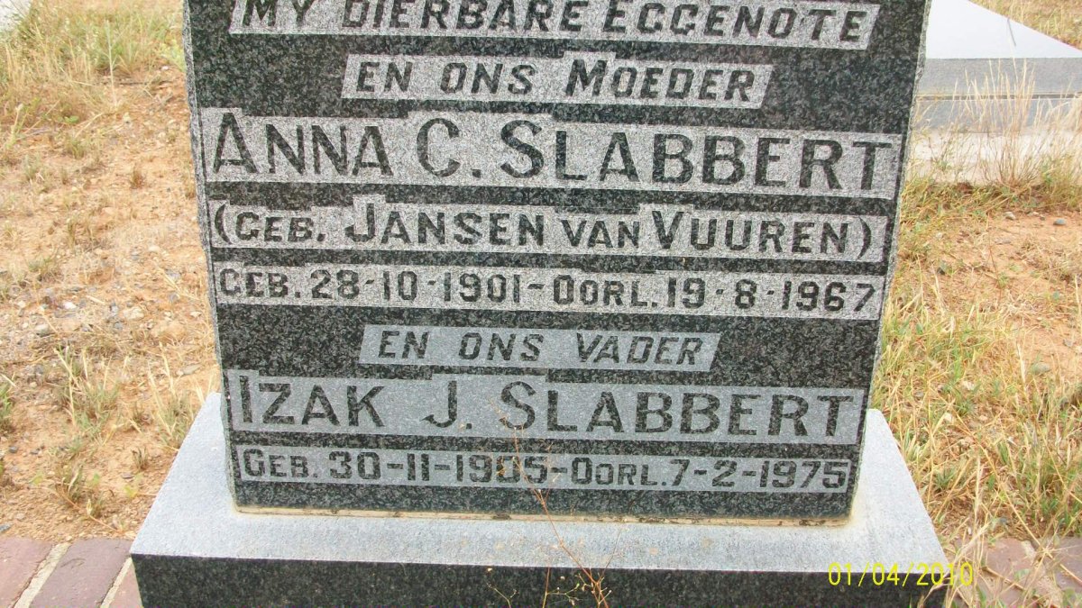 SLABBERT Izak J. 1905-1975 &amp; Anna C. JANSEN VAN VUUREN 1901-1967