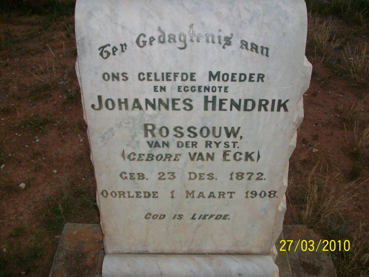 RYST Johannes Hendrik Rossouw, van der nee VAN ECK 1872-1908