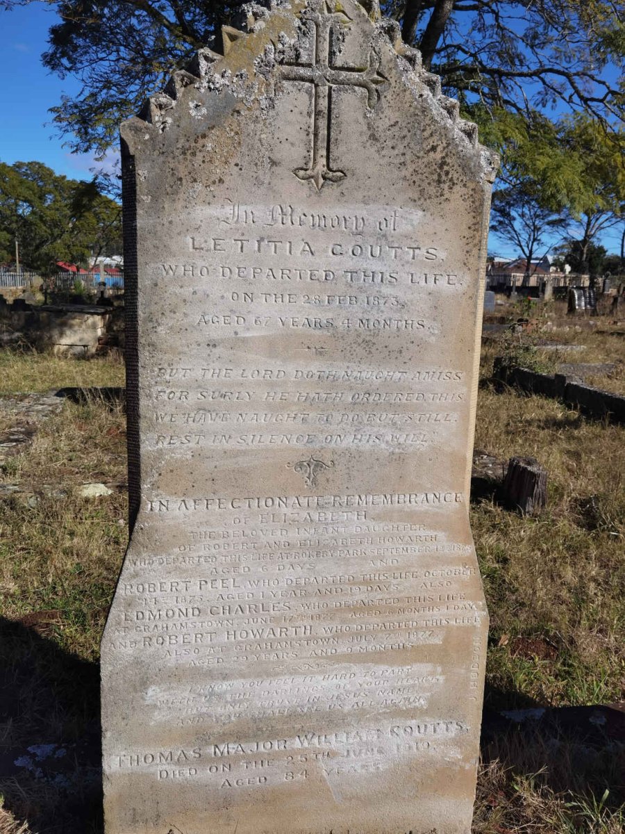 COUTTS Letitia -1873 :: HOWARTH Elizabeth -1875 :: HOWARTH Robert Peel -1875 :: HOWARTH Edmond Charles -1877 :: HOWARTH Robert -1877 :: COUTTS Thomas Major William -1919