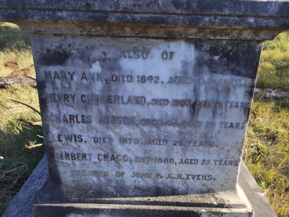 EVANS Mary Ann -1842 :: EVANS Henry Cumberland -1853 :: EVENS Charles Hudson -1876 :: EVANS Lewis -1879 :: EVANS Herbert Cragg -1880