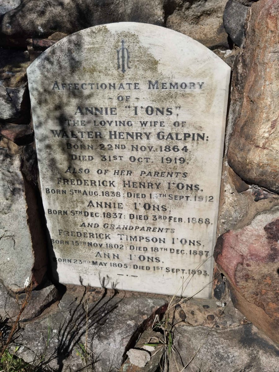 I'ONS Frederick Timpson 1802-1887 &  Ann 1805-1893 :: I'ONS Frederick Henry 1838-1912 & Annie 1837-1888 :: GALPIN Annie nee I'ONS 1864-1919