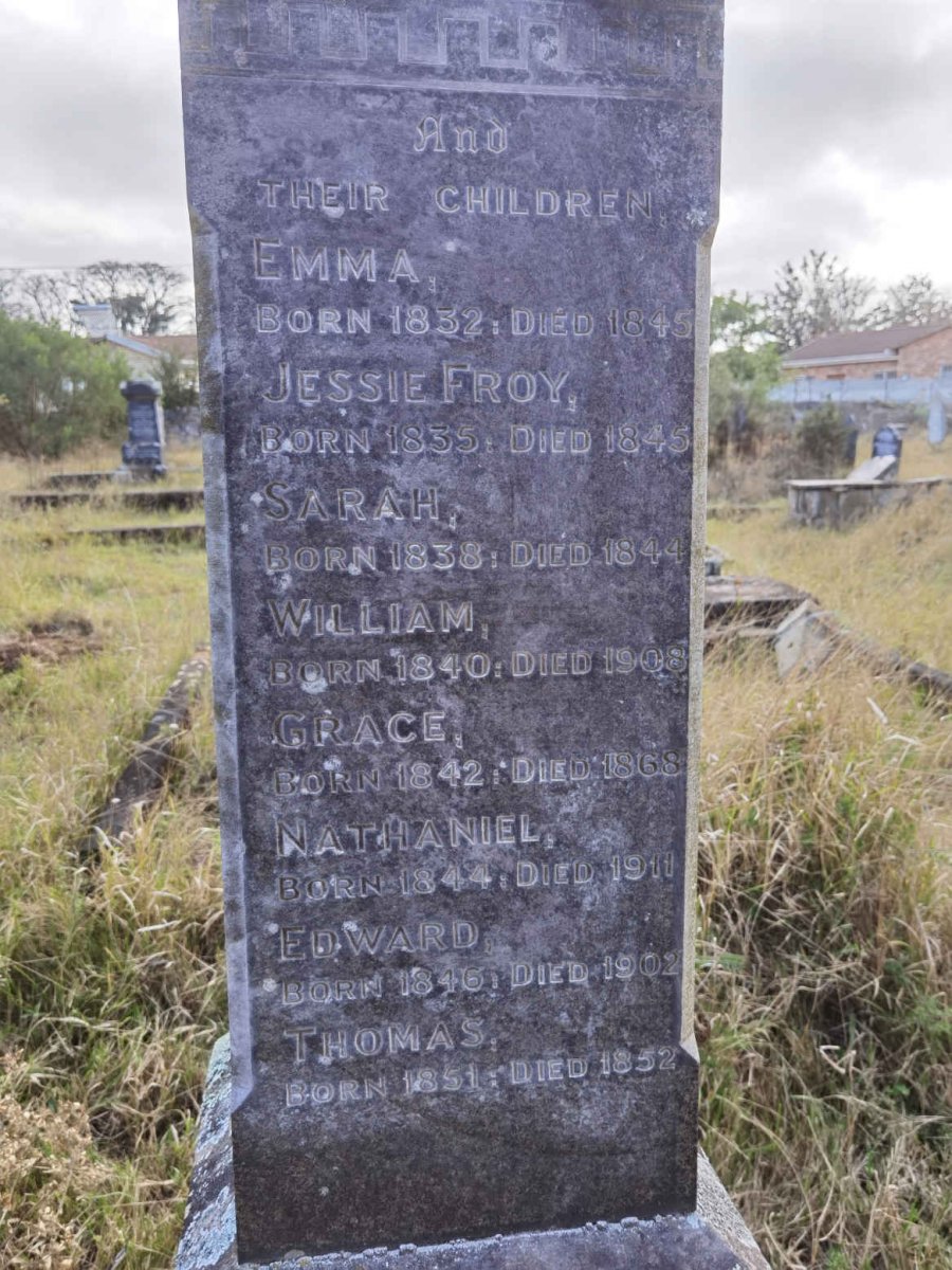 PAXTON Emma 1832-1845 :: PAXTON Jessie Froy 1835-1845 :: PAXTON Sarah 1838-1844 :: PAXTON William 1840-1908 :: PAXTON Grace 1842-1868 :: PAXTON Nathaniel 1844-1911 :: PAXTON Edward 1846-1902 :: PAXTON Thomas 1851-1852