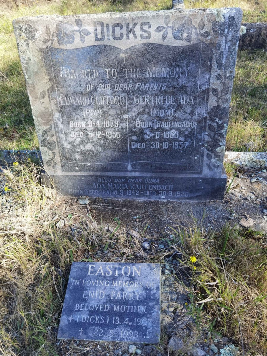 RAUTENBACH Ada Maria FERREIRA 1842-1920 :: DICKS Edward Clifford 1879-1958 &amp; Gertrude Ada RAUTENBACH 1883-1957 :: EASTON Enid Parry DICKS 1907-1993
