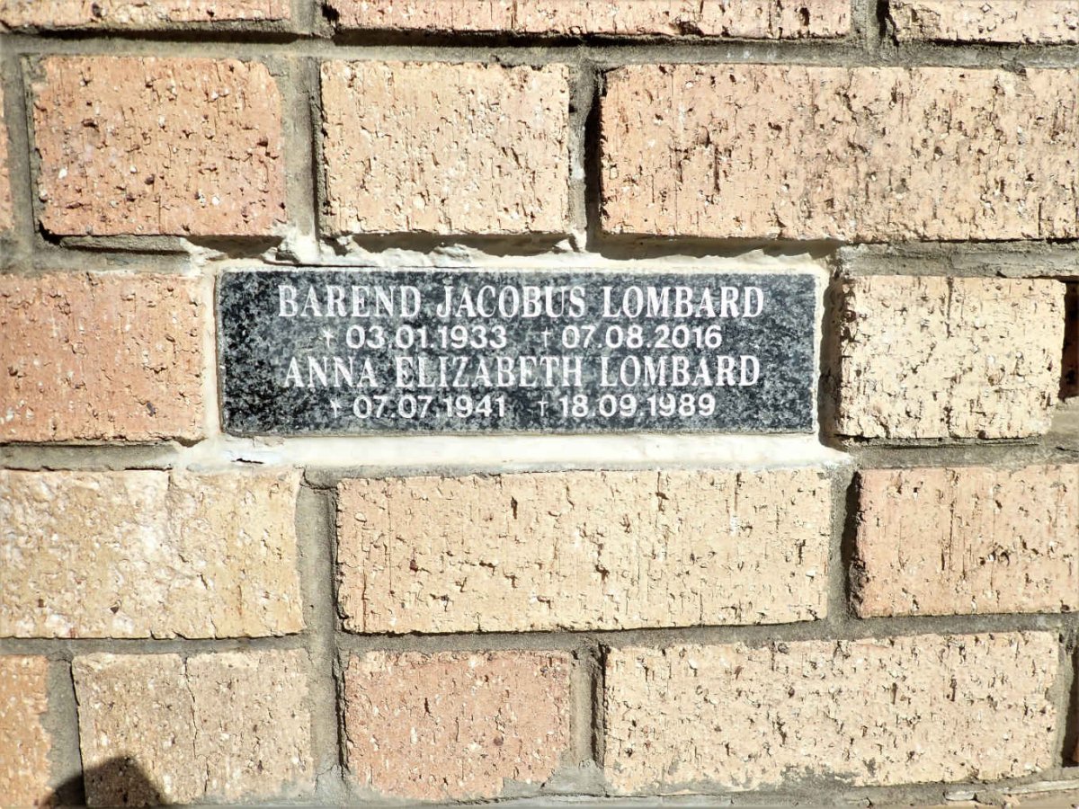 LOMBARD Barend Jacobus 1933-2016 &amp; Anna Elizabeth 1941-1989