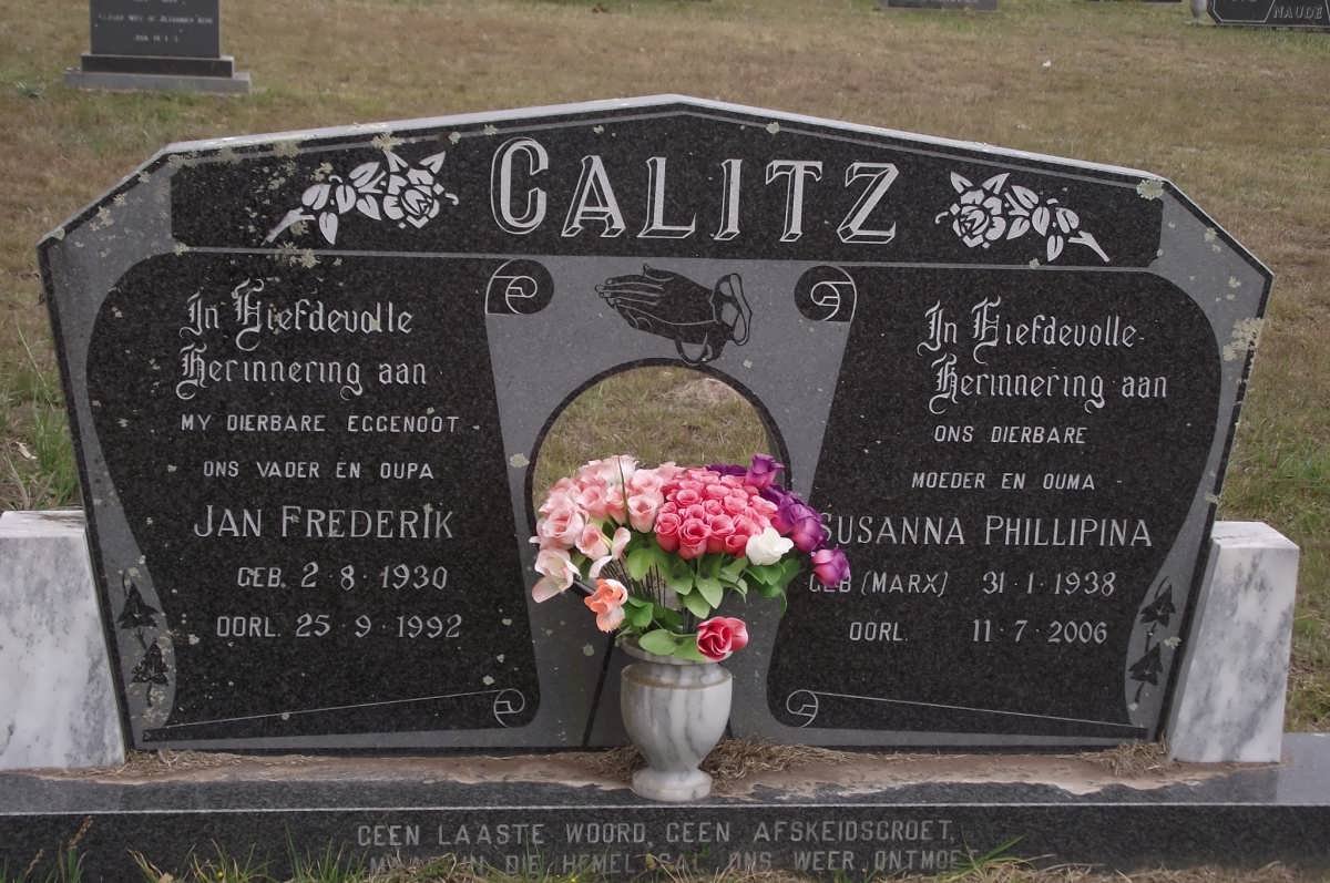 CALITZ Jan Frederik 1930-1992 &amp; Susanna Phillipina MARX 1938-2006