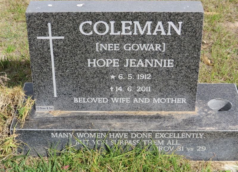 COLEMAN Reginald Harry 1911-1989 &amp; Hope Jeannie GOWAR 1912-2011