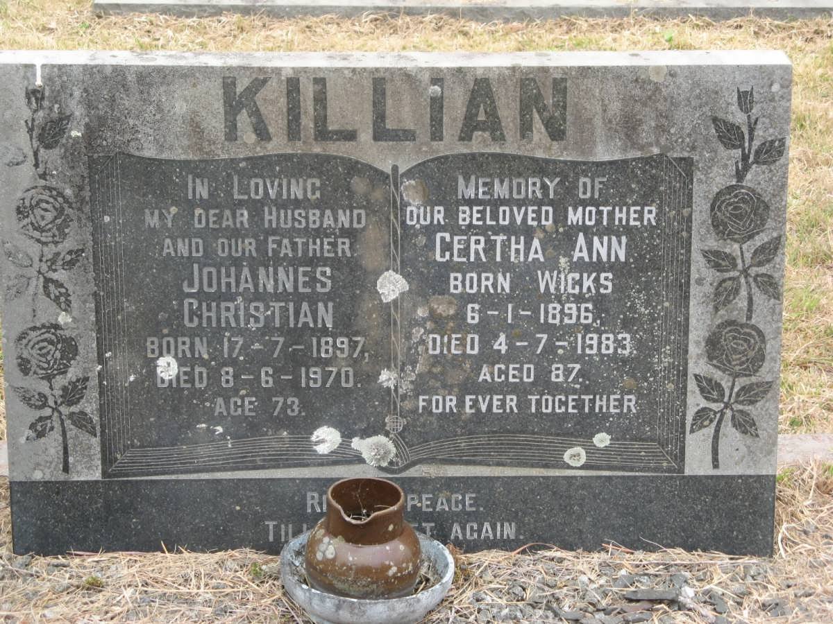 KILLIAN Johannes Christian 1897-1970 &amp; Gertha Ann WICKS 1896-1983