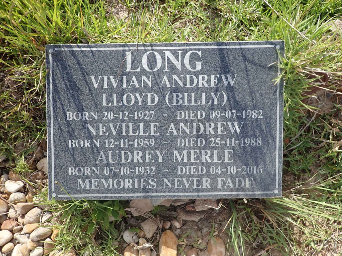 LONG Vivian Andrew Lloyd 1927-1982 :: LONG Audrey Merle 1932-2016 :: LONG Neville Andrew 1959-1988