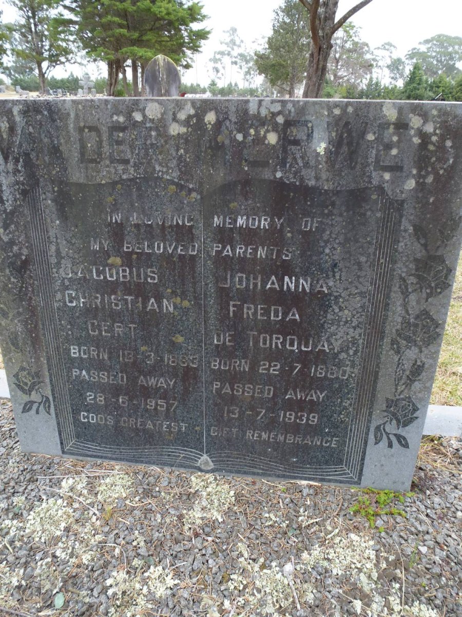 MERWE Jacobus Christian Gert, van der 1883-1957 &amp; Johanna Freda De Torquay 1880-1939