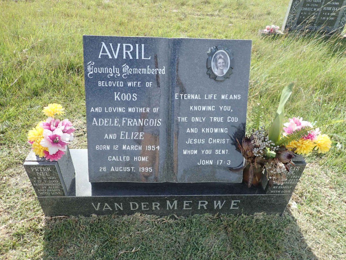 NEL Peter 1920-2003 &amp; ?lie 1921-2015 :: VAN DER MERWE Avril 1954-1995