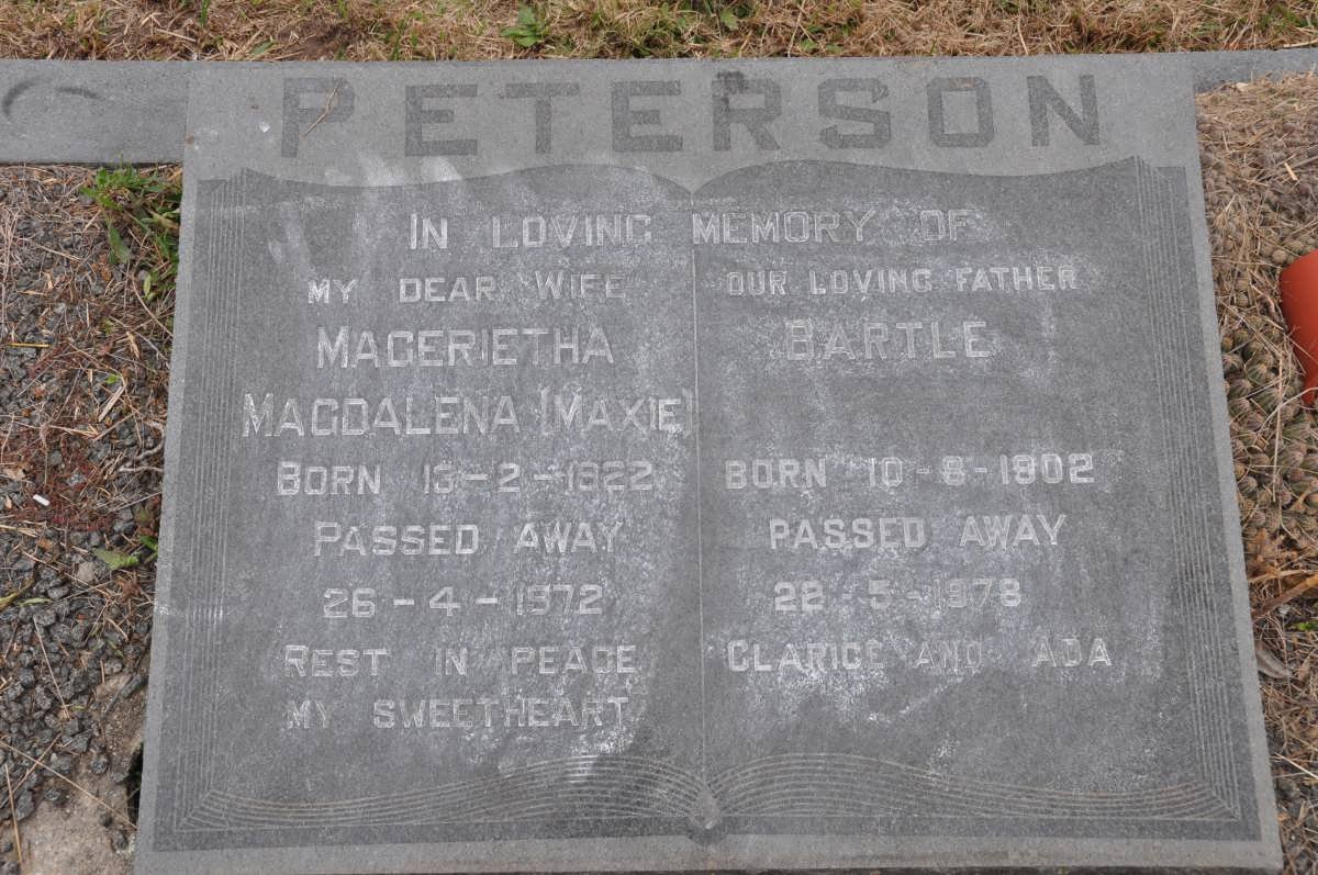 PETERSON Bartle 1902-1978 &amp; Magarietha Magdalena 1922-1972