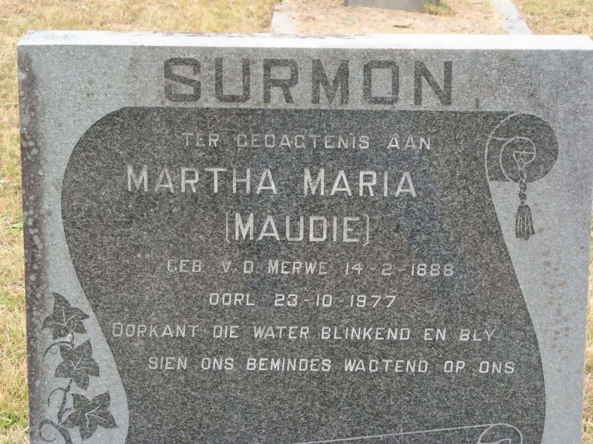 SURMON Martha Maria nee V.D. MERWE 1888-1977