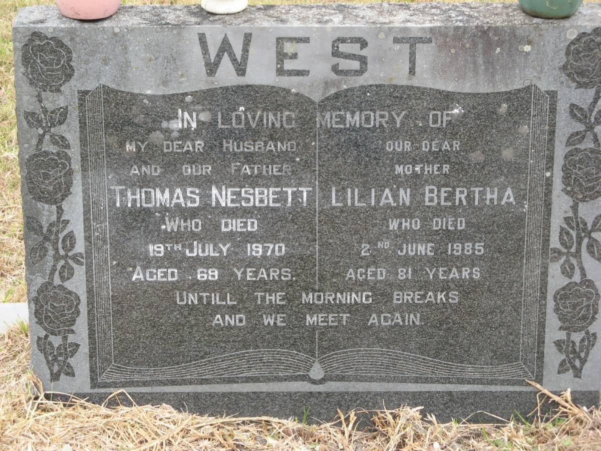WEST Thomas Nesbett -1970 &amp; Lilian Bertha -1985