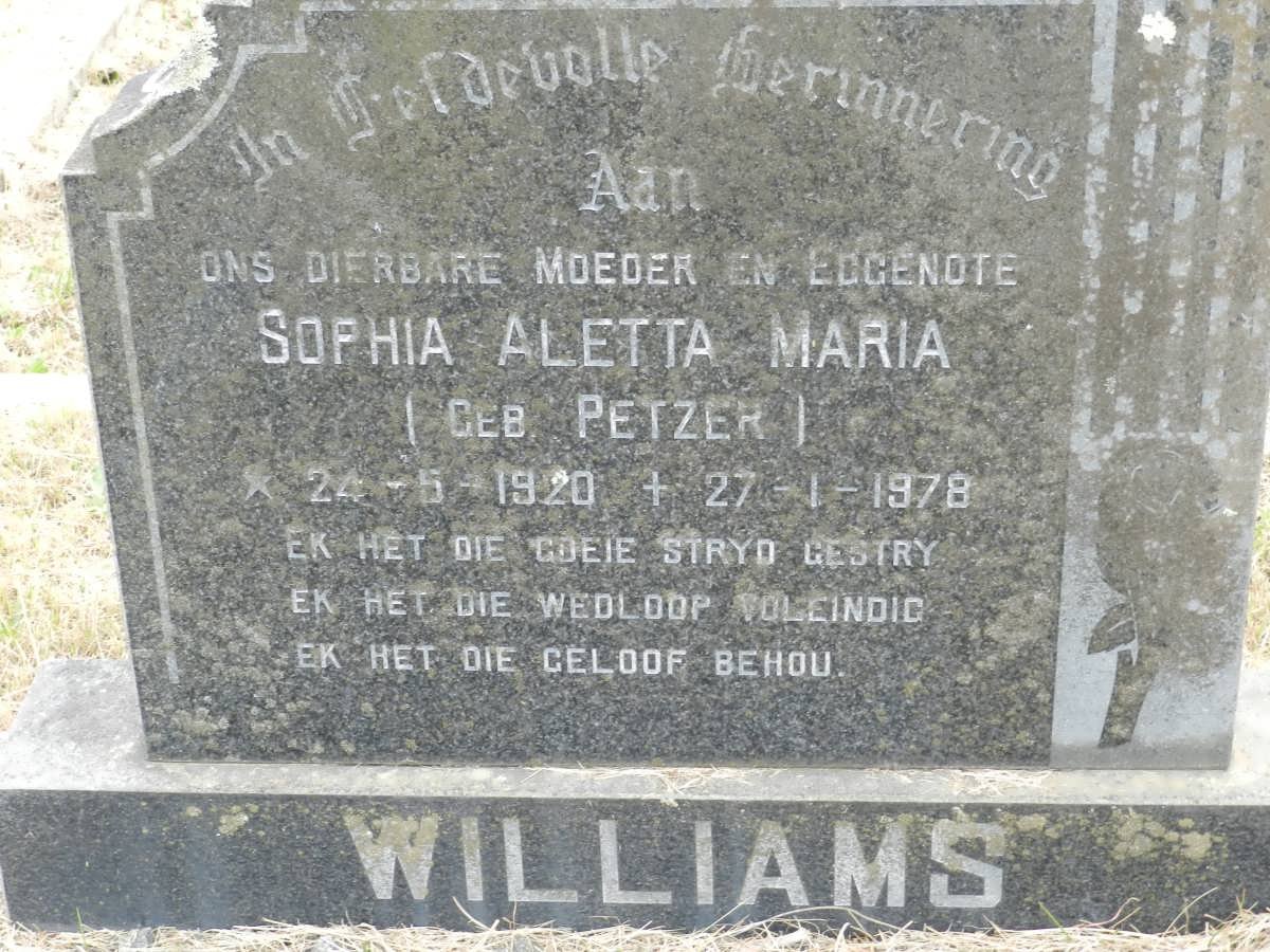 WILLIAMS Sophia Aletta Maria nee PETZER 1920-1978
