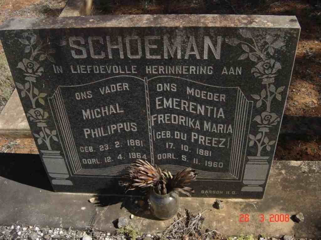 SCHOEMAN Michal Philippus 1881-1964 &amp; Emerentia Fredrika Maria DU PREEZ 1881-1960