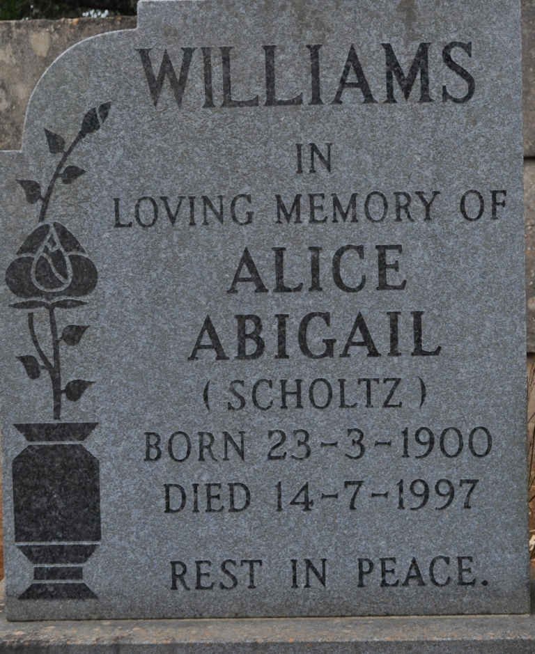 WILLIAMS Alice Abigail nee SCHOLTZ 1900-1997