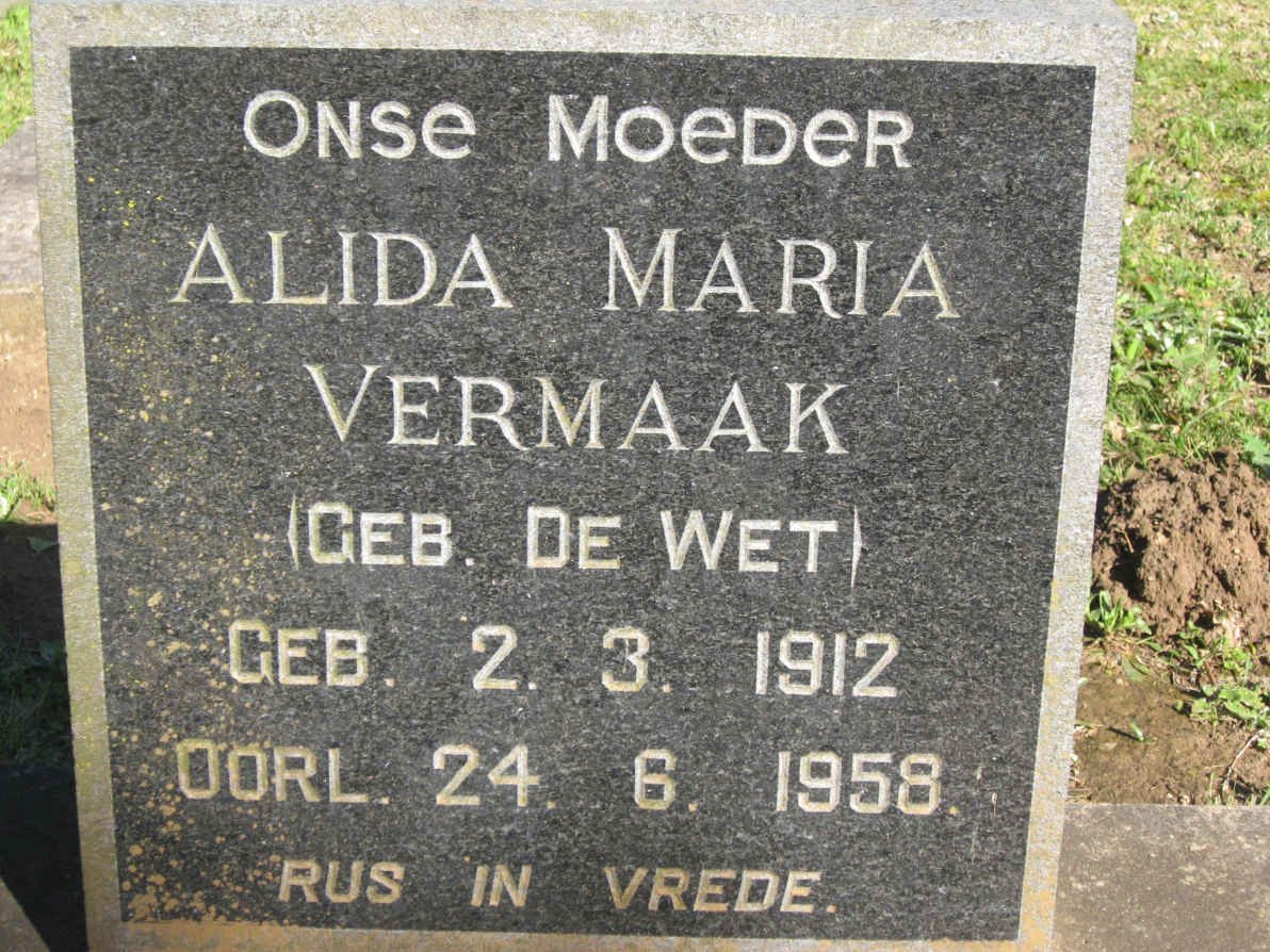 VERMAAK Alida Maria nee DE WET 1912-1958